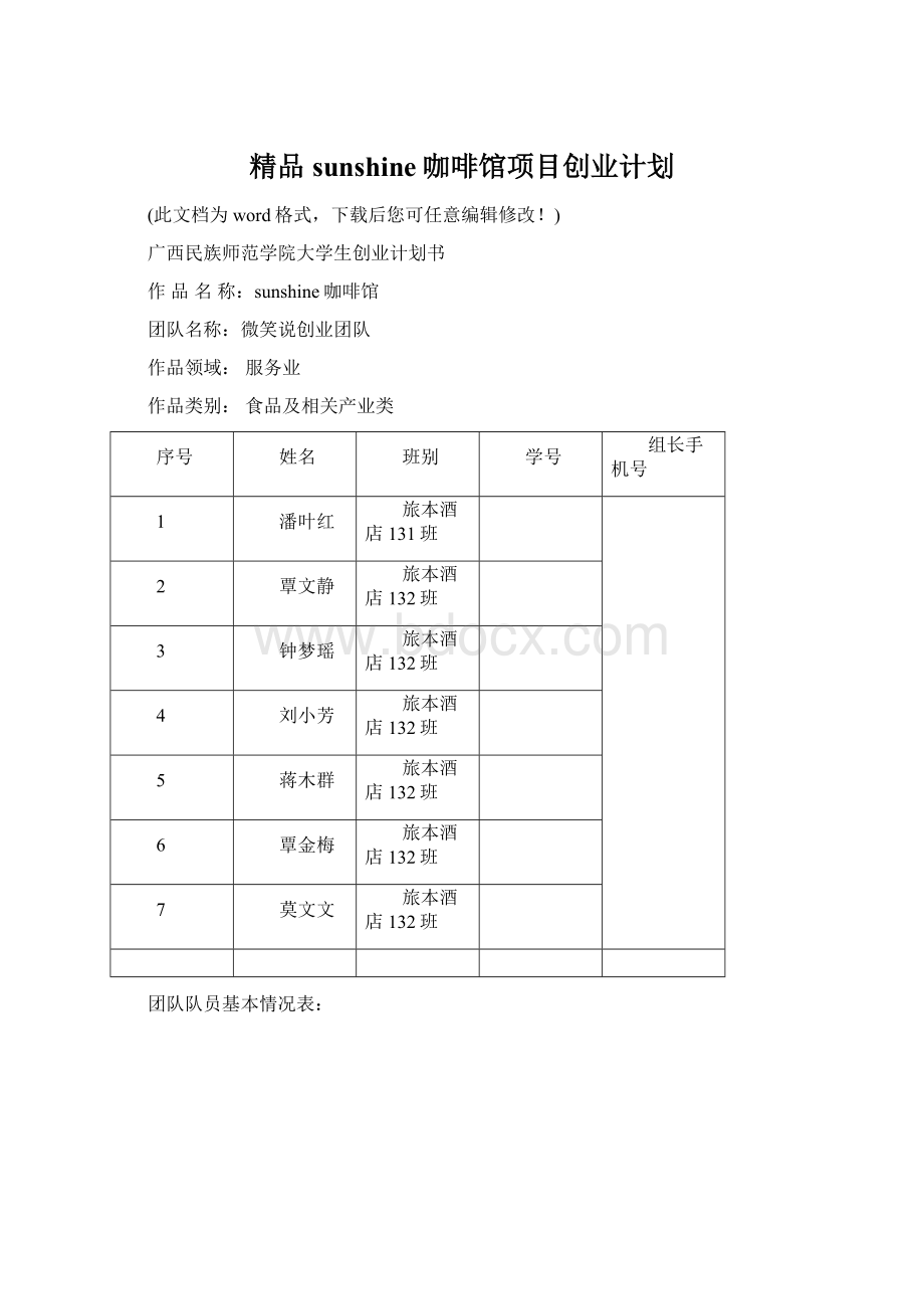 精品sunshine咖啡馆项目创业计划.docx