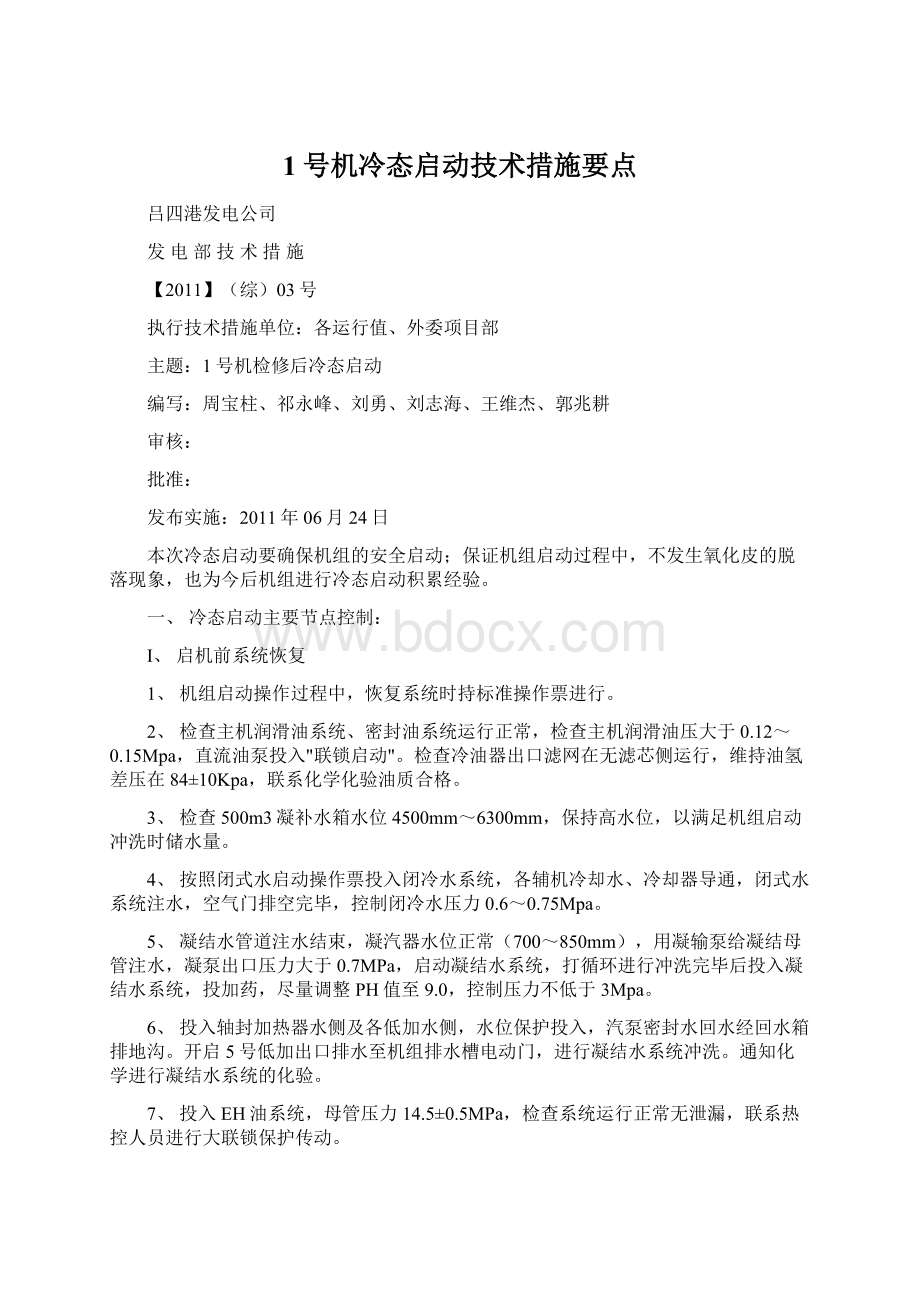 1号机冷态启动技术措施要点.docx_第1页