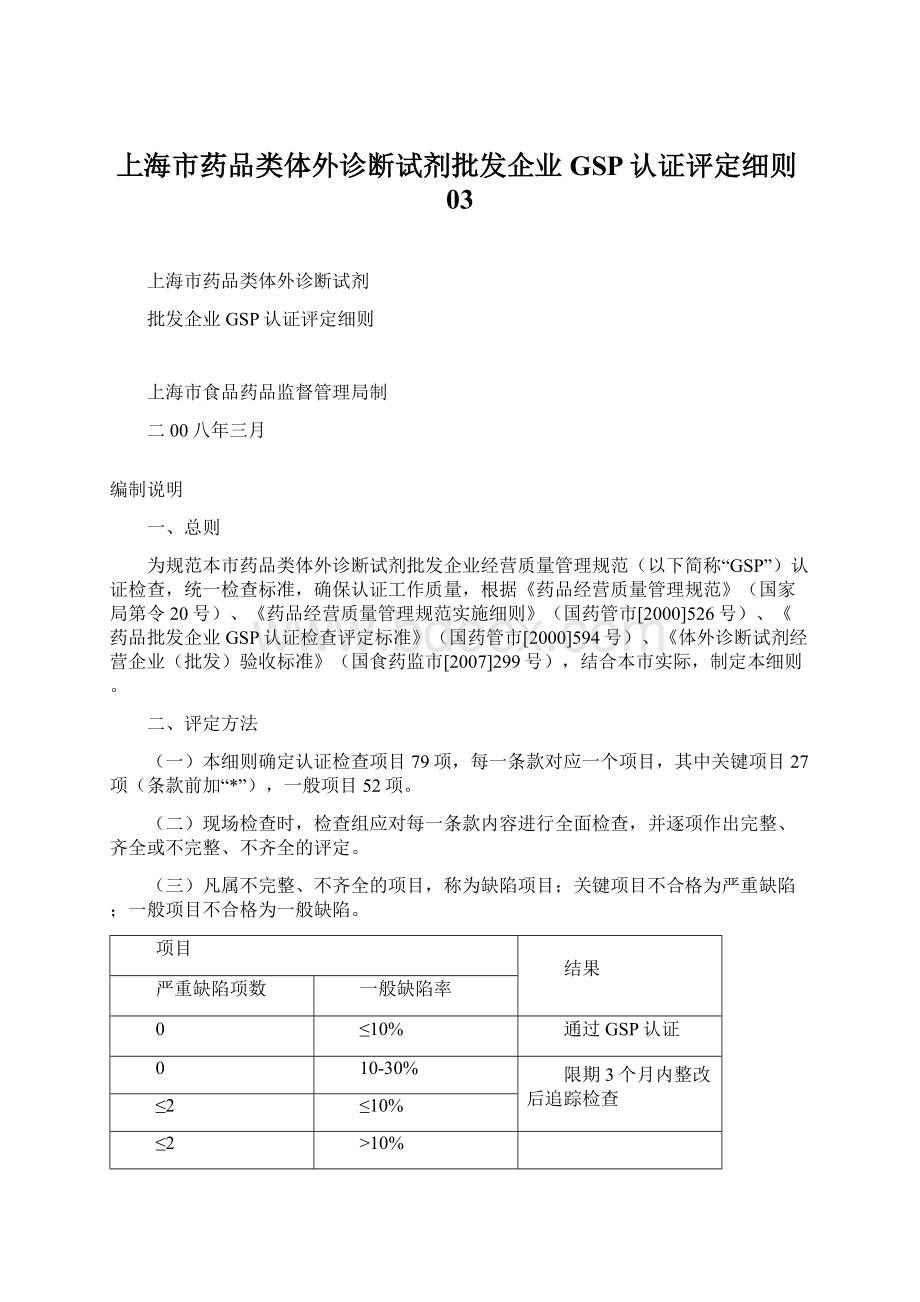 上海市药品类体外诊断试剂批发企业GSP认证评定细则03文档格式.docx