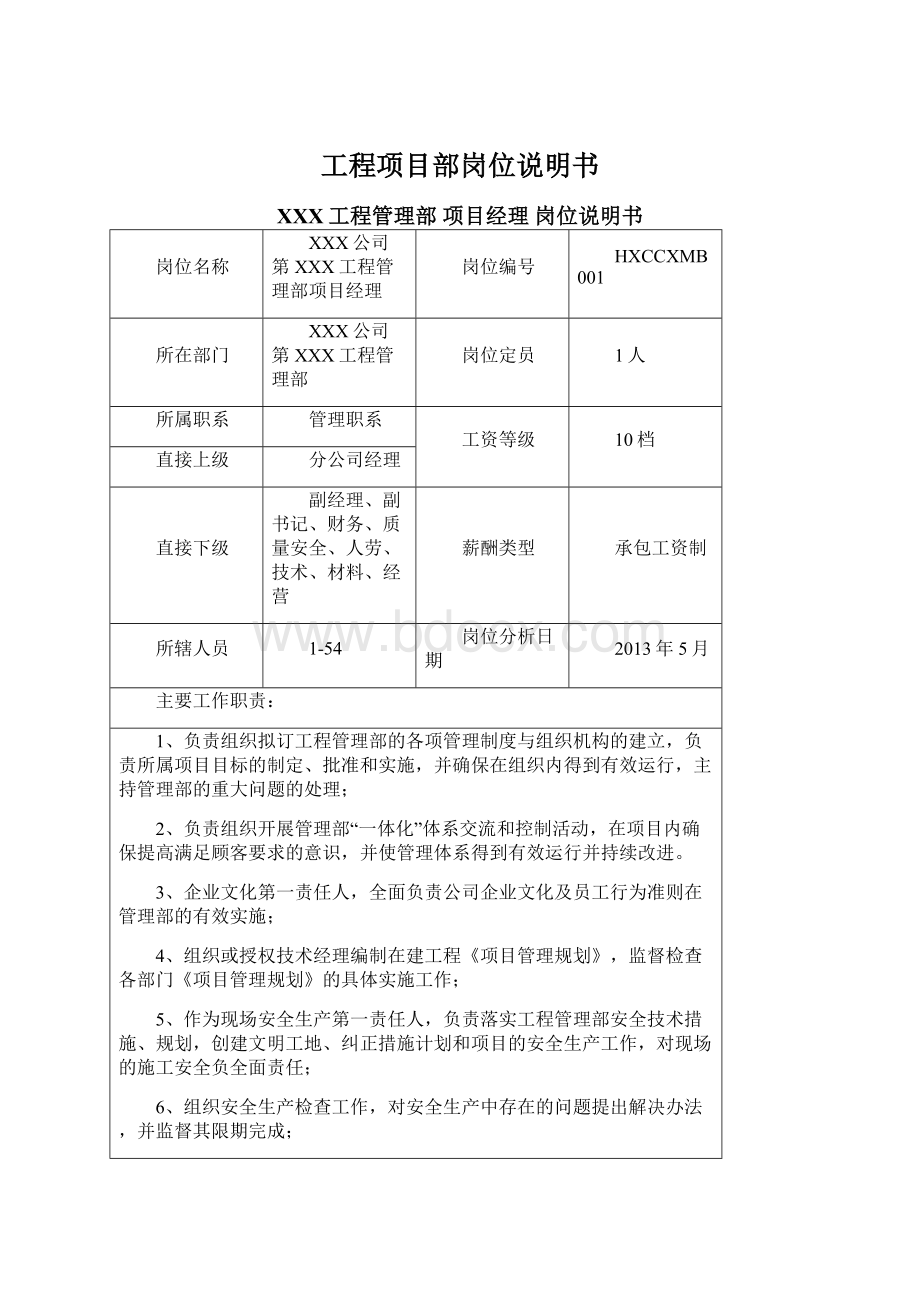 工程项目部岗位说明书Word格式文档下载.docx_第1页