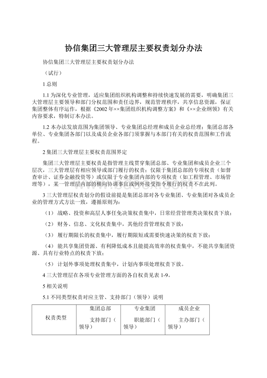 协信集团三大管理层主要权责划分办法文档格式.docx