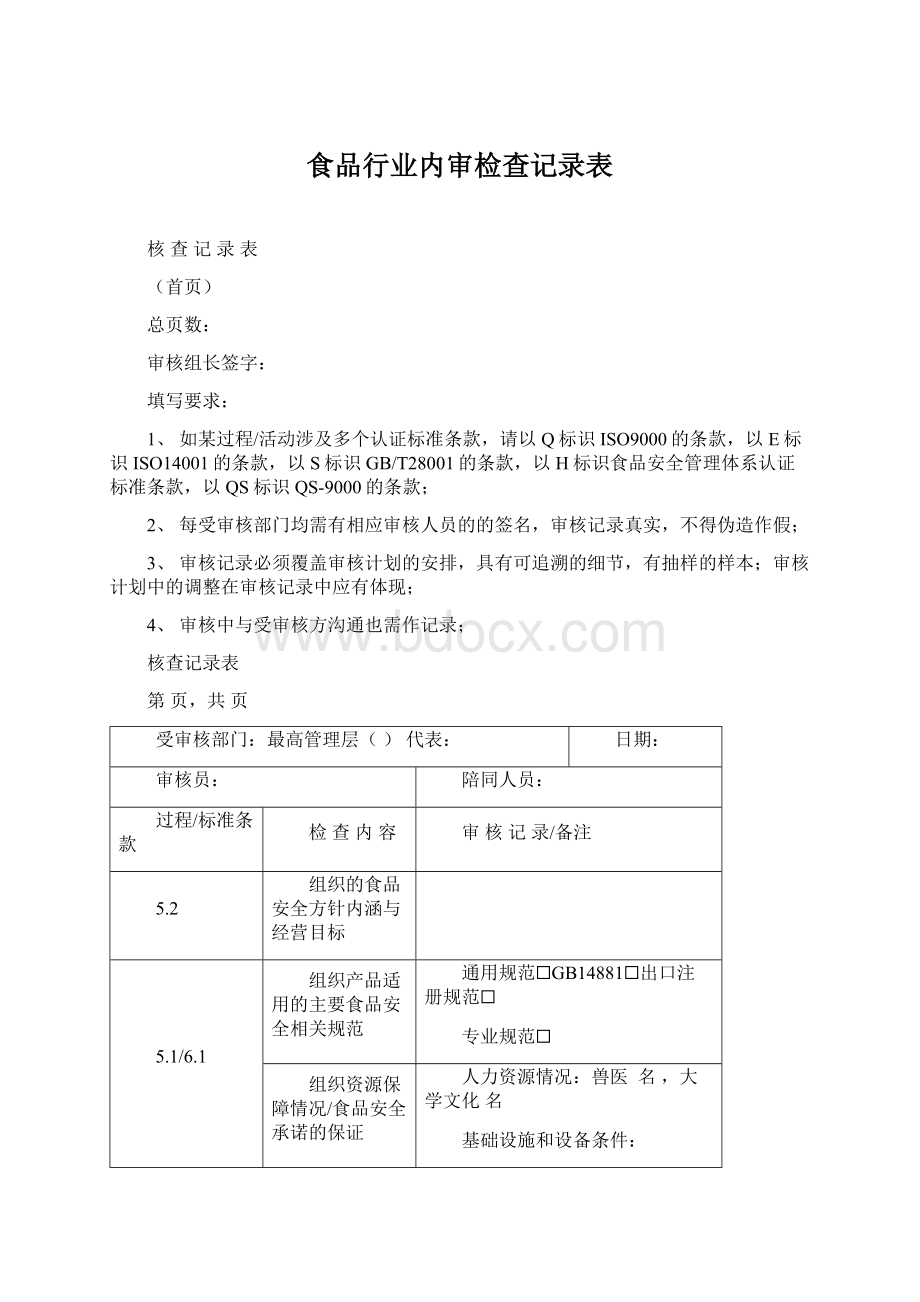 食品行业内审检查记录表.docx_第1页