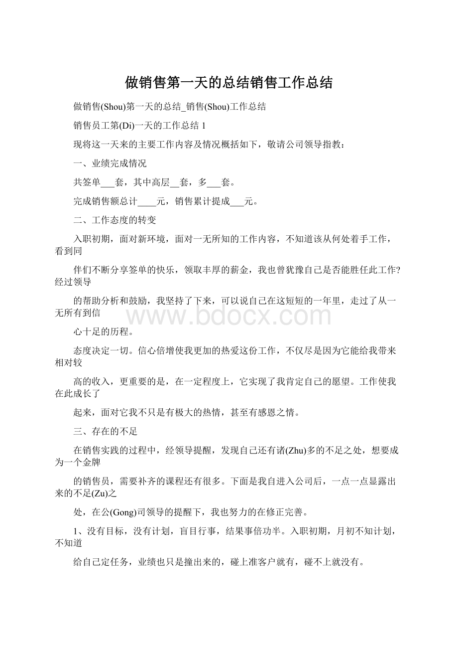 做销售第一天的总结销售工作总结Word文档格式.docx