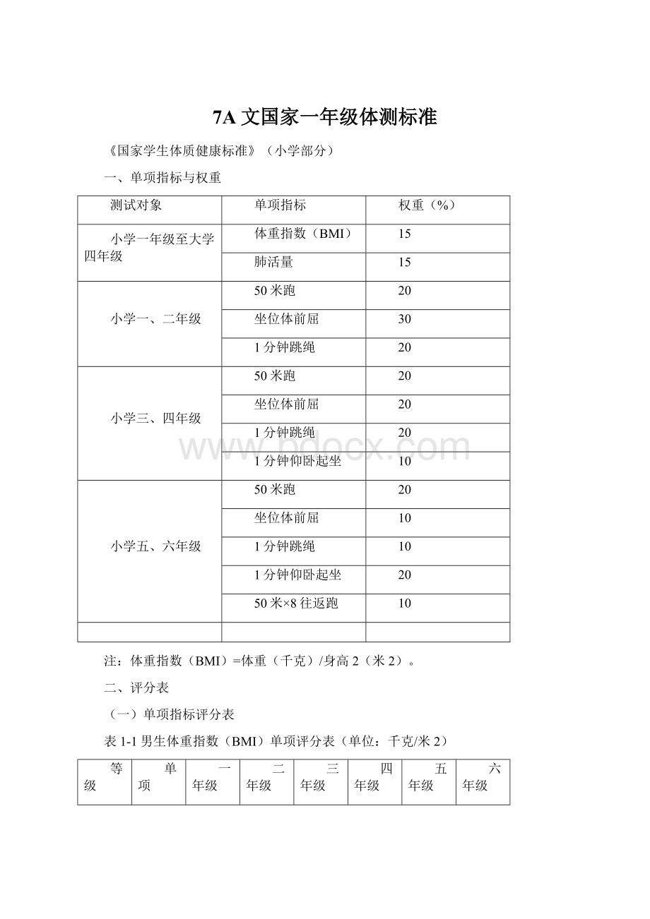 7A文国家一年级体测标准Word文档下载推荐.docx