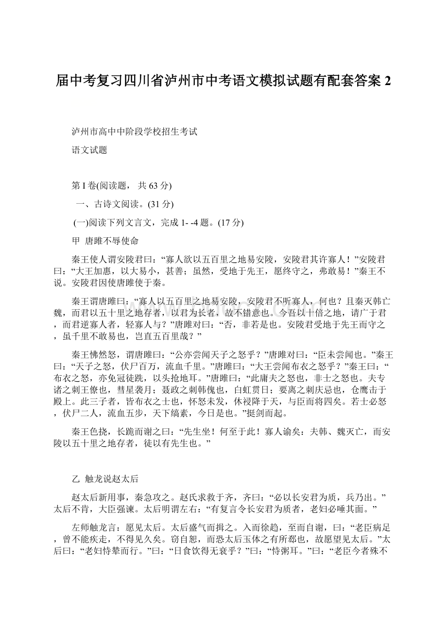 届中考复习四川省泸州市中考语文模拟试题有配套答案 2.docx_第1页