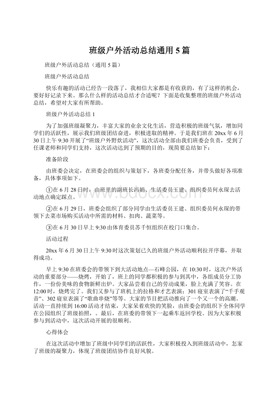 班级户外活动总结通用5篇文档格式.docx