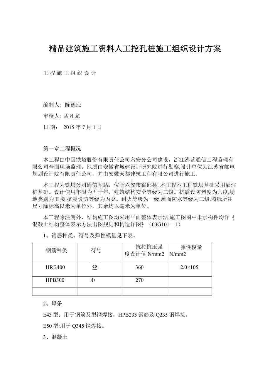 精品建筑施工资料人工挖孔桩施工组织设计方案.docx_第1页