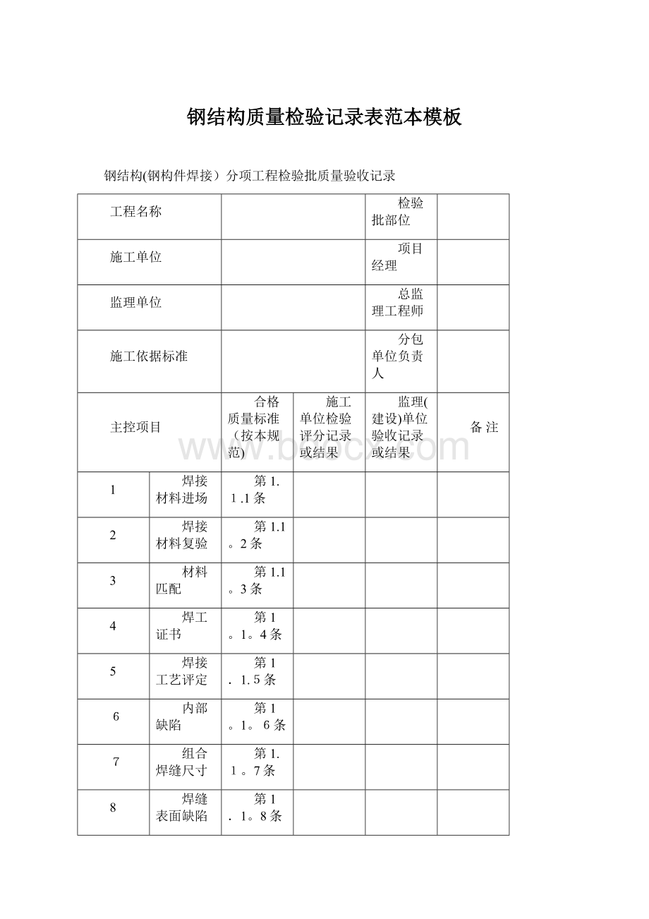 钢结构质量检验记录表范本模板Word文件下载.docx