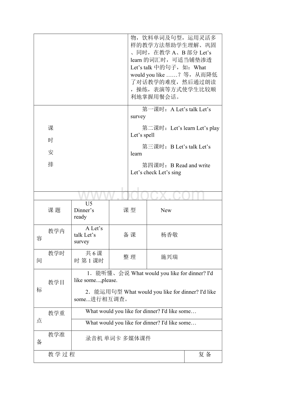 人教PEP版英语四上《Unit 5 Dinner is ready》word教学设计文档格式.docx_第2页