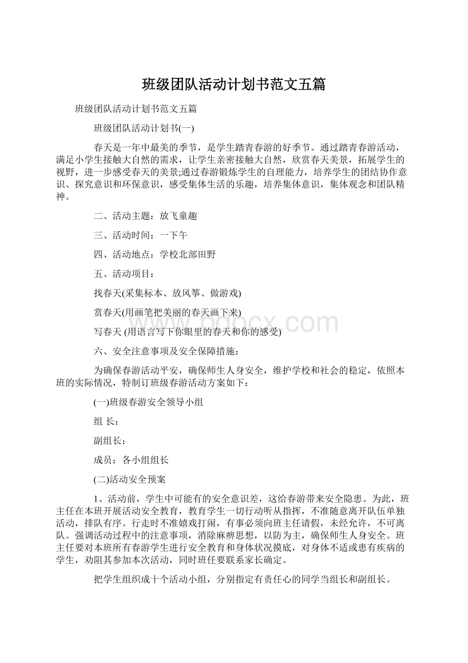 班级团队活动计划书范文五篇文档格式.docx