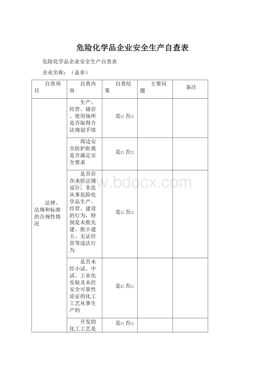 危险化学品企业安全生产自查表Word格式文档下载.docx_第1页