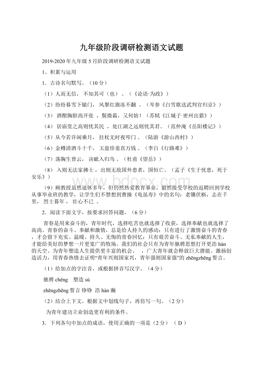 九年级阶段调研检测语文试题Word文档格式.docx