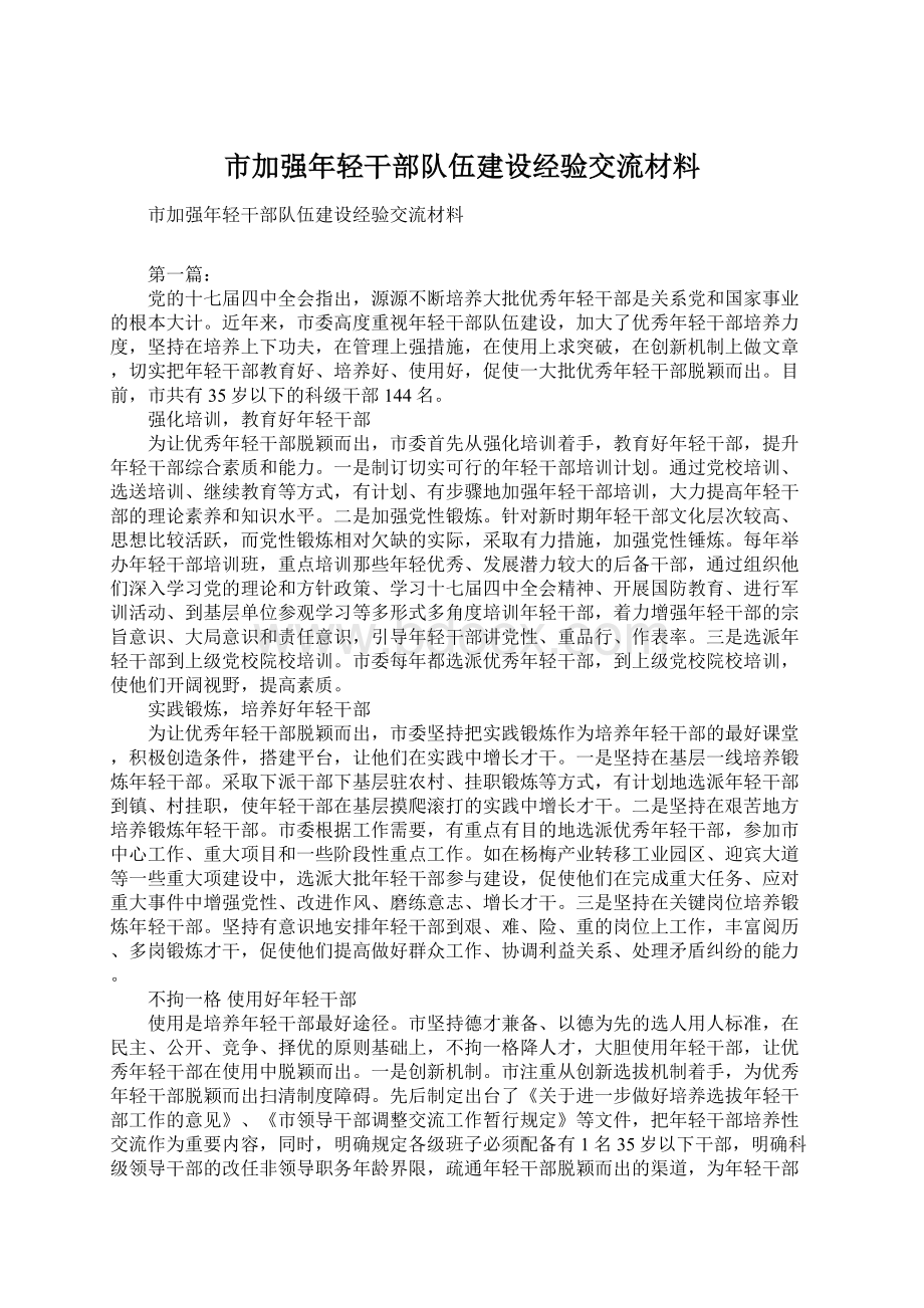 市加强年轻干部队伍建设经验交流材料.docx