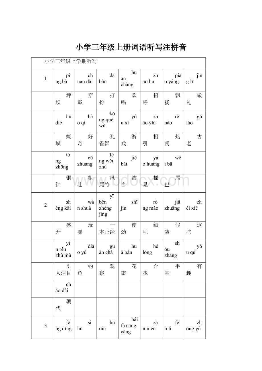 小学三年级上册词语听写注拼音Word文档格式.docx_第1页