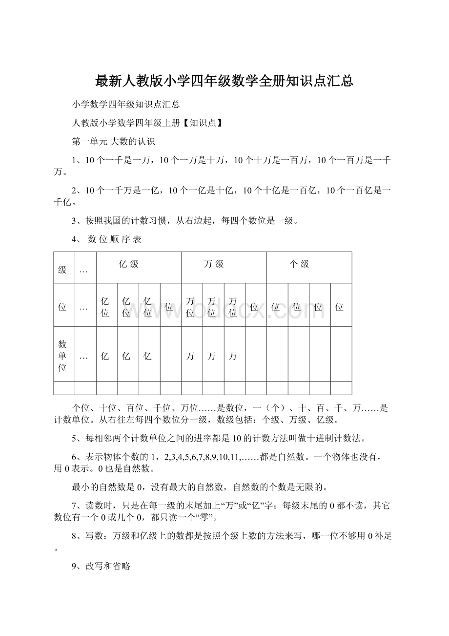 最新人教版小学四年级数学全册知识点汇总.docx_第1页