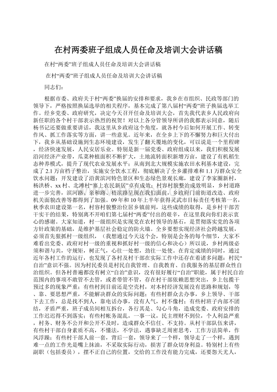 在村两委班子组成人员任命及培训大会讲话稿.docx_第1页