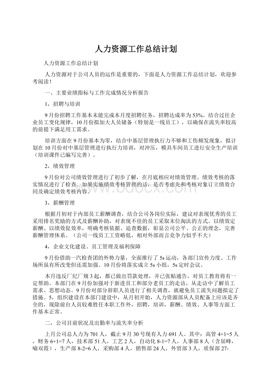 人力资源工作总结计划.docx