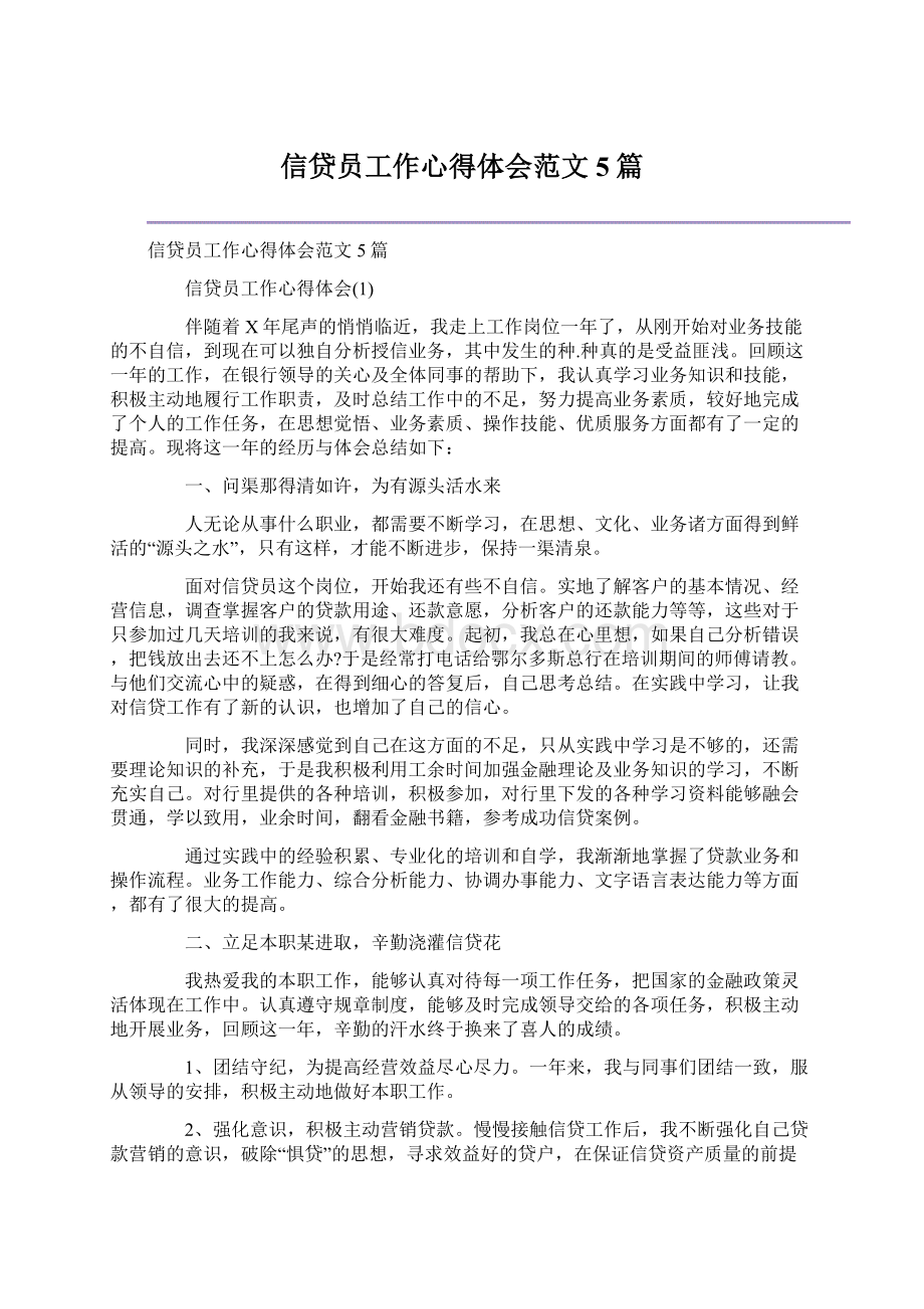 信贷员工作心得体会范文5篇Word格式文档下载.docx