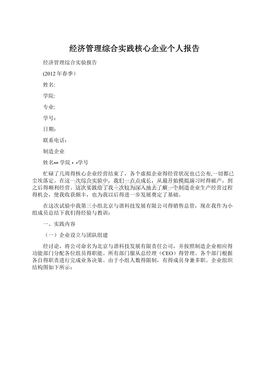 经济管理综合实践核心企业个人报告Word下载.docx