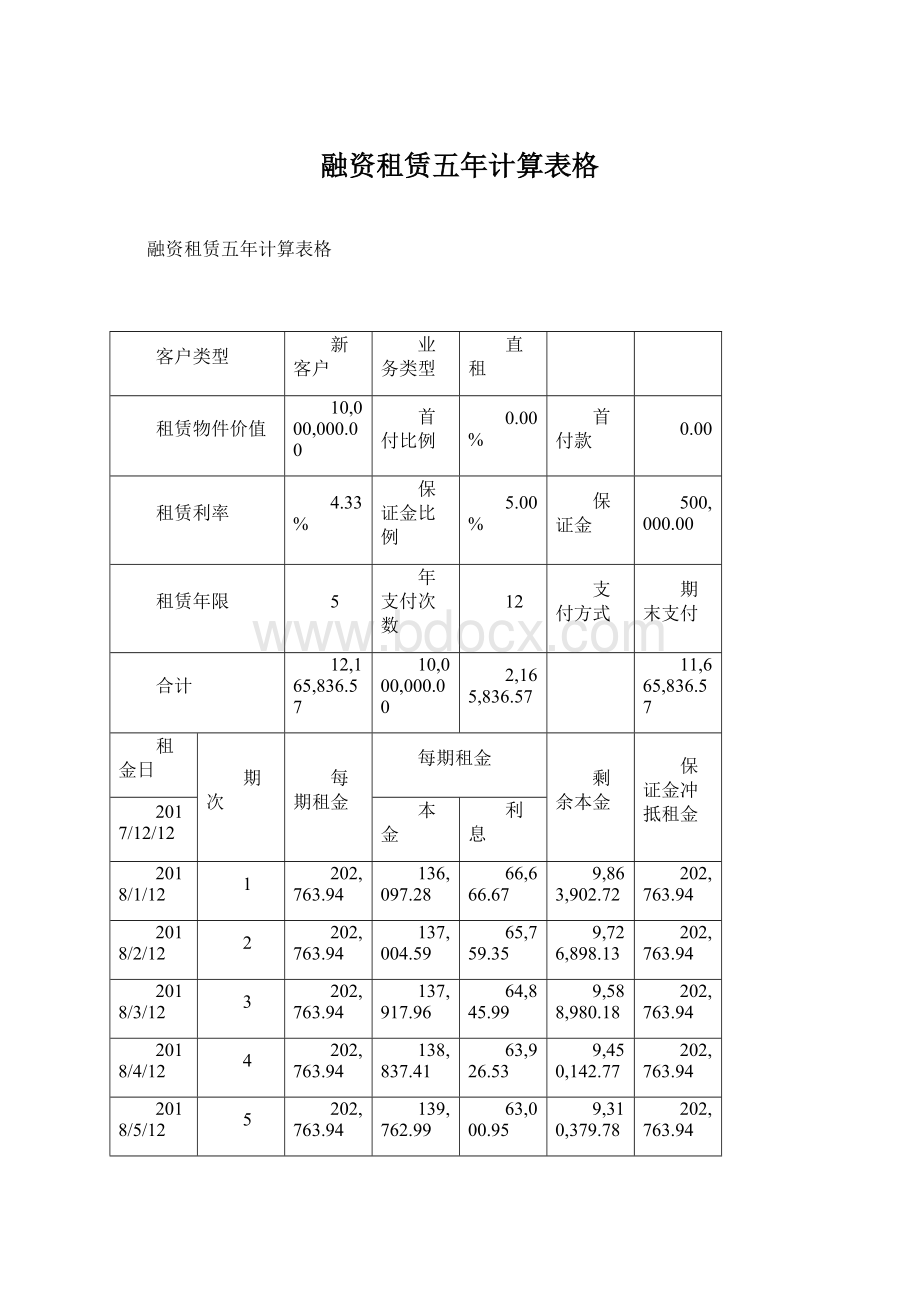 融资租赁五年计算表格Word格式.docx_第1页