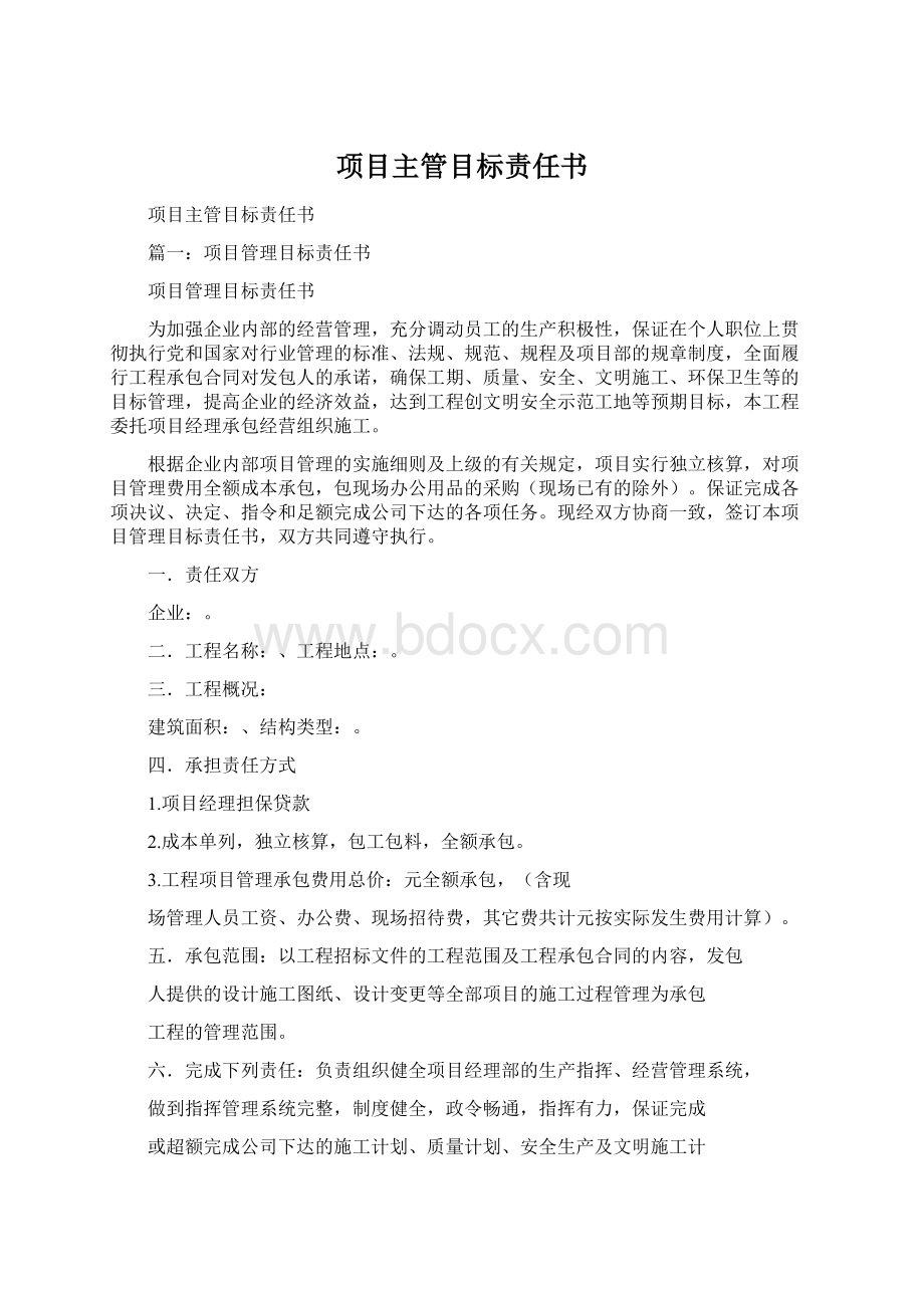 项目主管目标责任书Word文件下载.docx_第1页