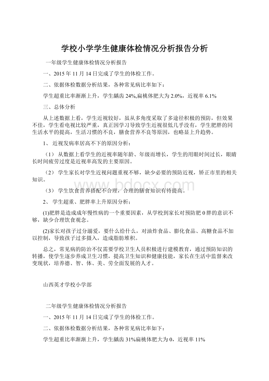 学校小学学生健康体检情况分析报告分析.docx_第1页