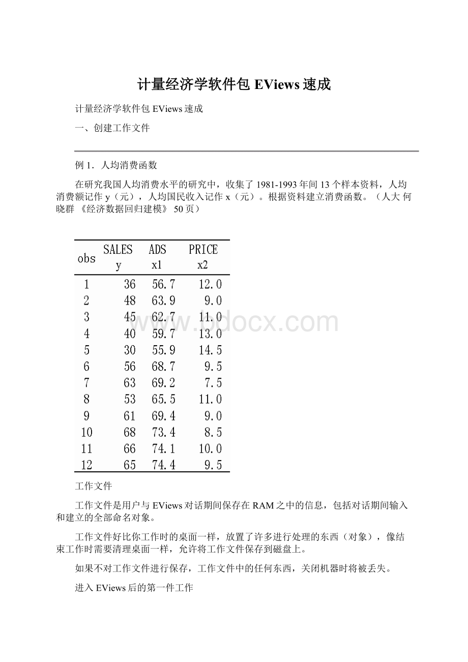 计量经济学软件包EViews速成Word文档格式.docx