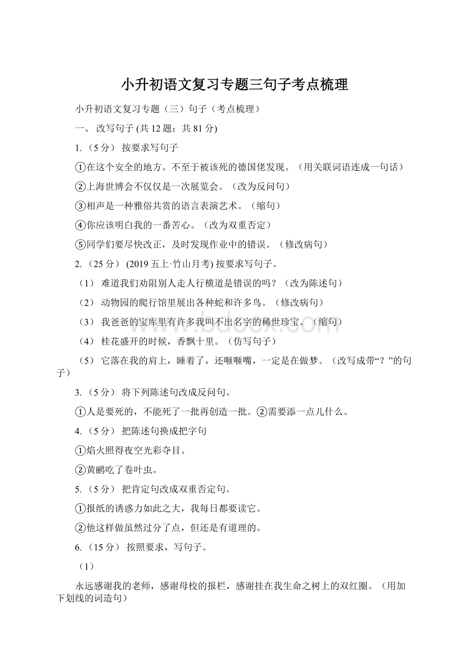 小升初语文复习专题三句子考点梳理.docx_第1页