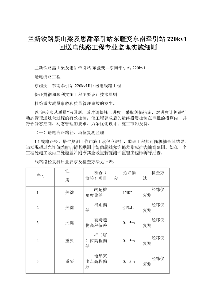 兰新铁路黑山梁及思甜牵引站东疆变东南牵引站220kv1回送电线路工程专业监理实施细则文档格式.docx