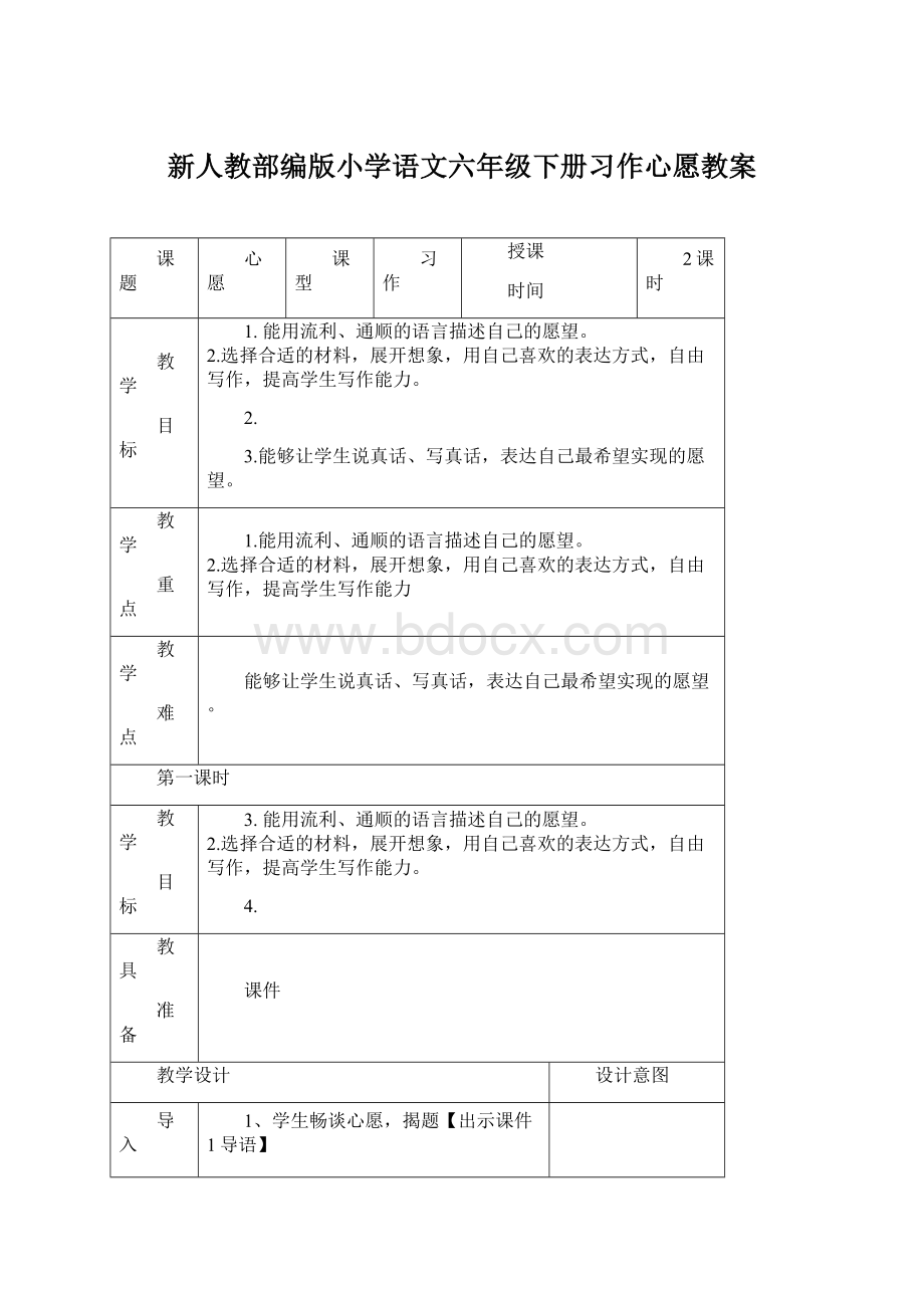 新人教部编版小学语文六年级下册习作心愿教案Word格式文档下载.docx