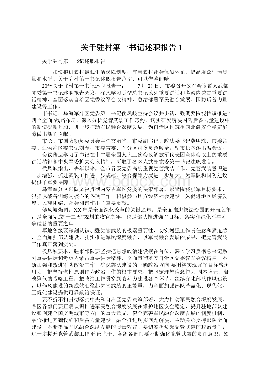 关于驻村第一书记述职报告1Word格式文档下载.docx_第1页