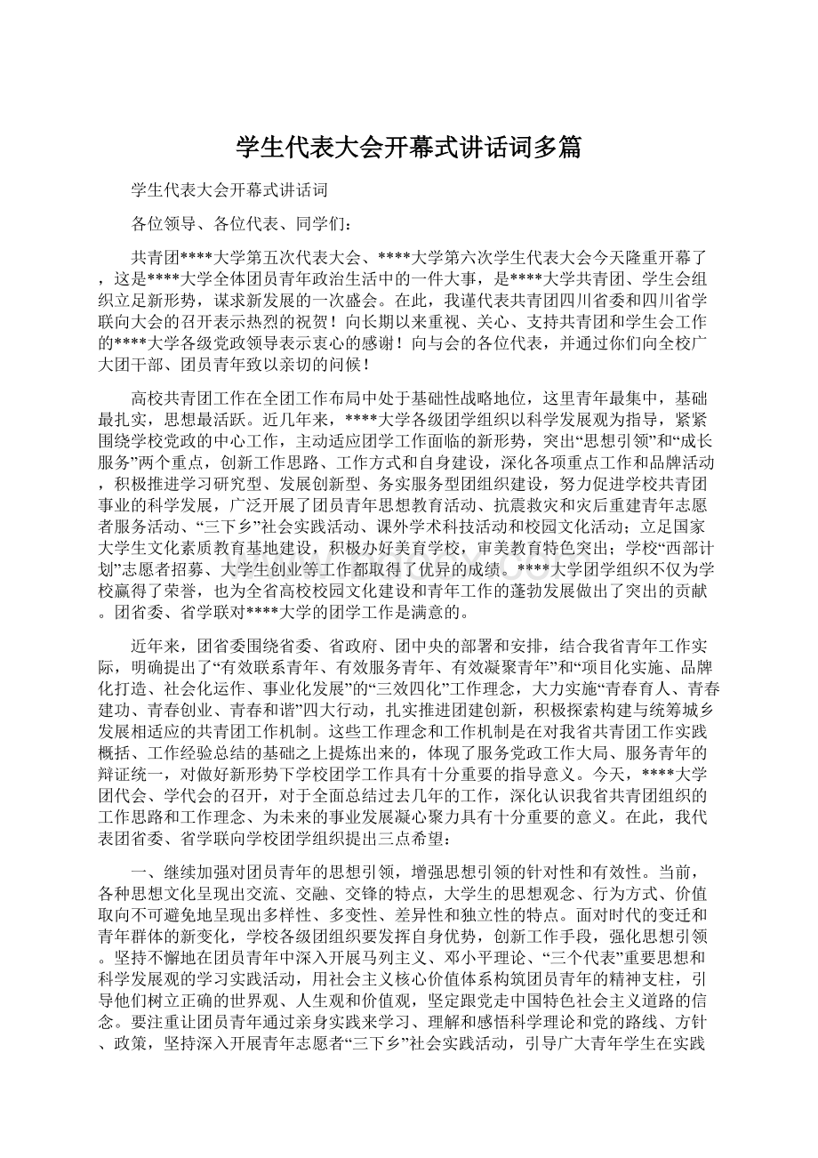 学生代表大会开幕式讲话词多篇.docx_第1页