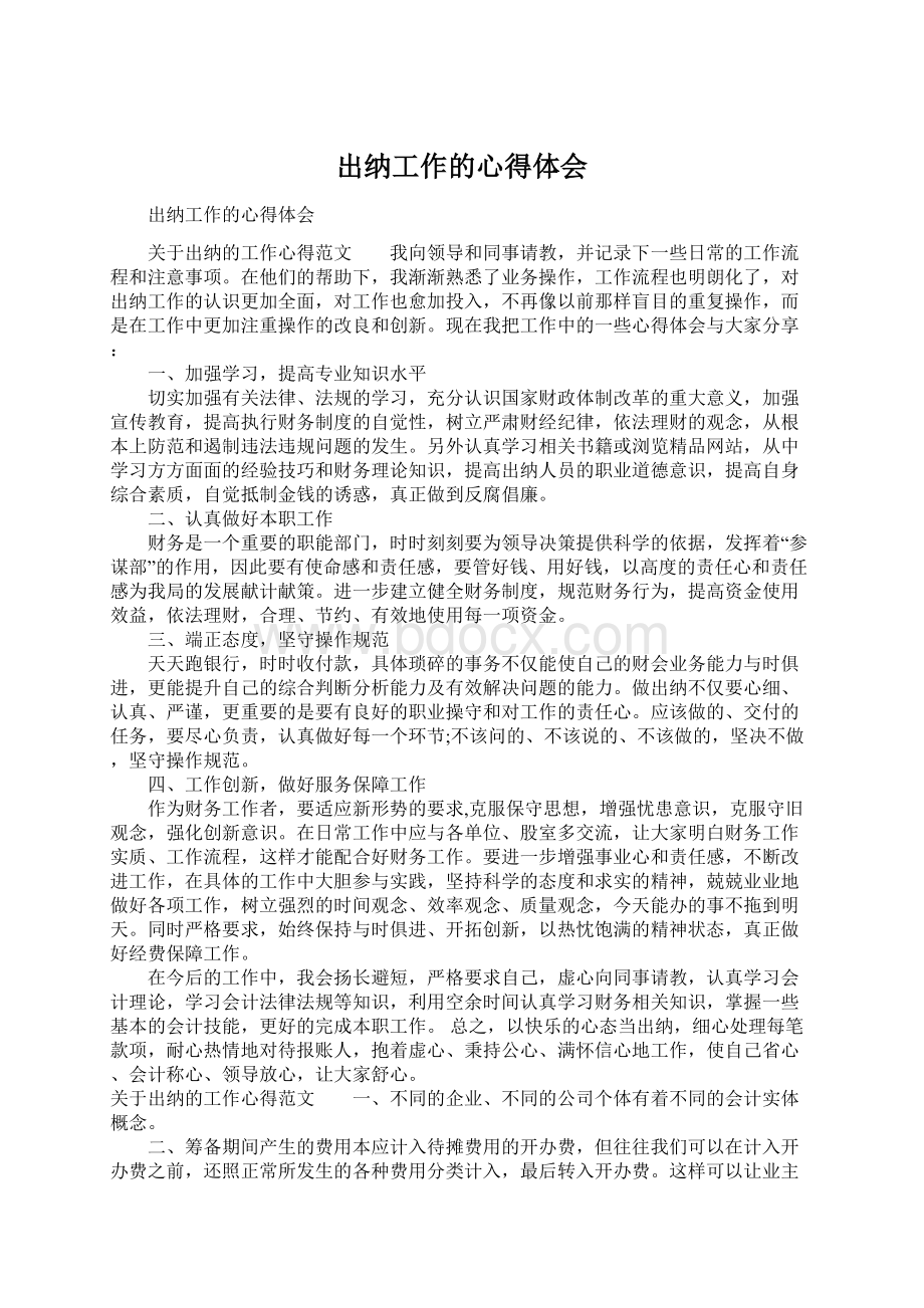 出纳工作的心得体会Word文档下载推荐.docx