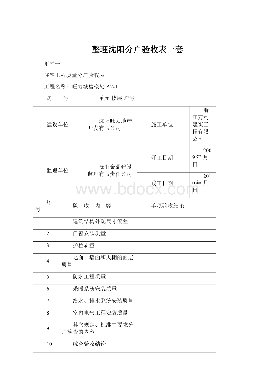 整理沈阳分户验收表一套Word格式.docx