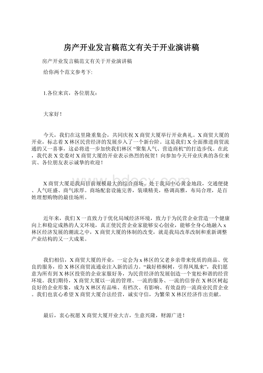 房产开业发言稿范文有关于开业演讲稿.docx