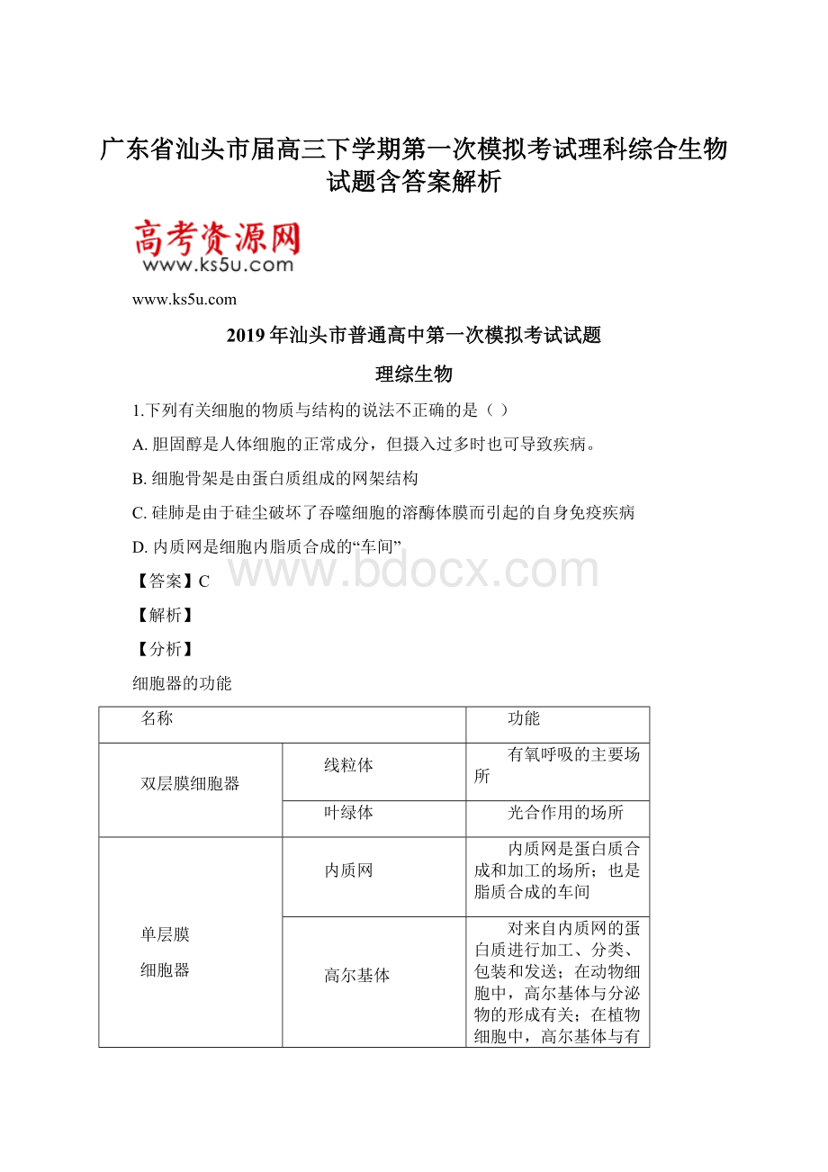 广东省汕头市届高三下学期第一次模拟考试理科综合生物试题含答案解析.docx_第1页