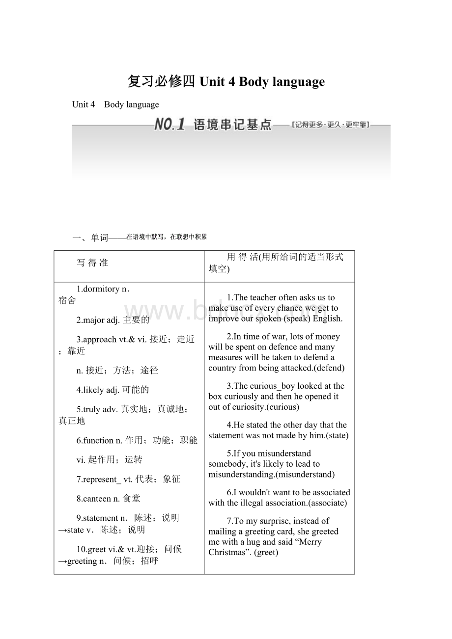 复习必修四 Unit 4 Body languageWord格式.docx_第1页