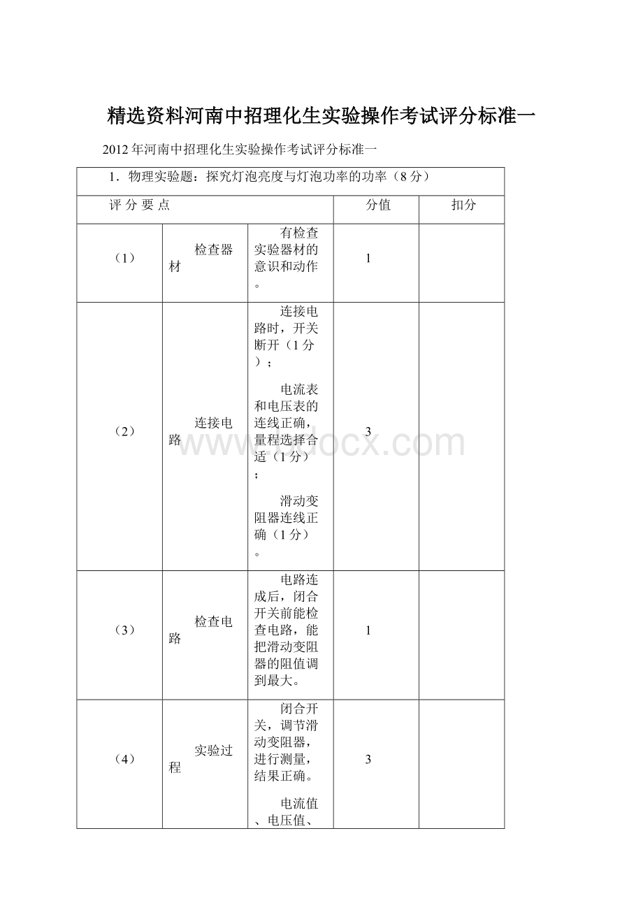 精选资料河南中招理化生实验操作考试评分标准一Word格式.docx