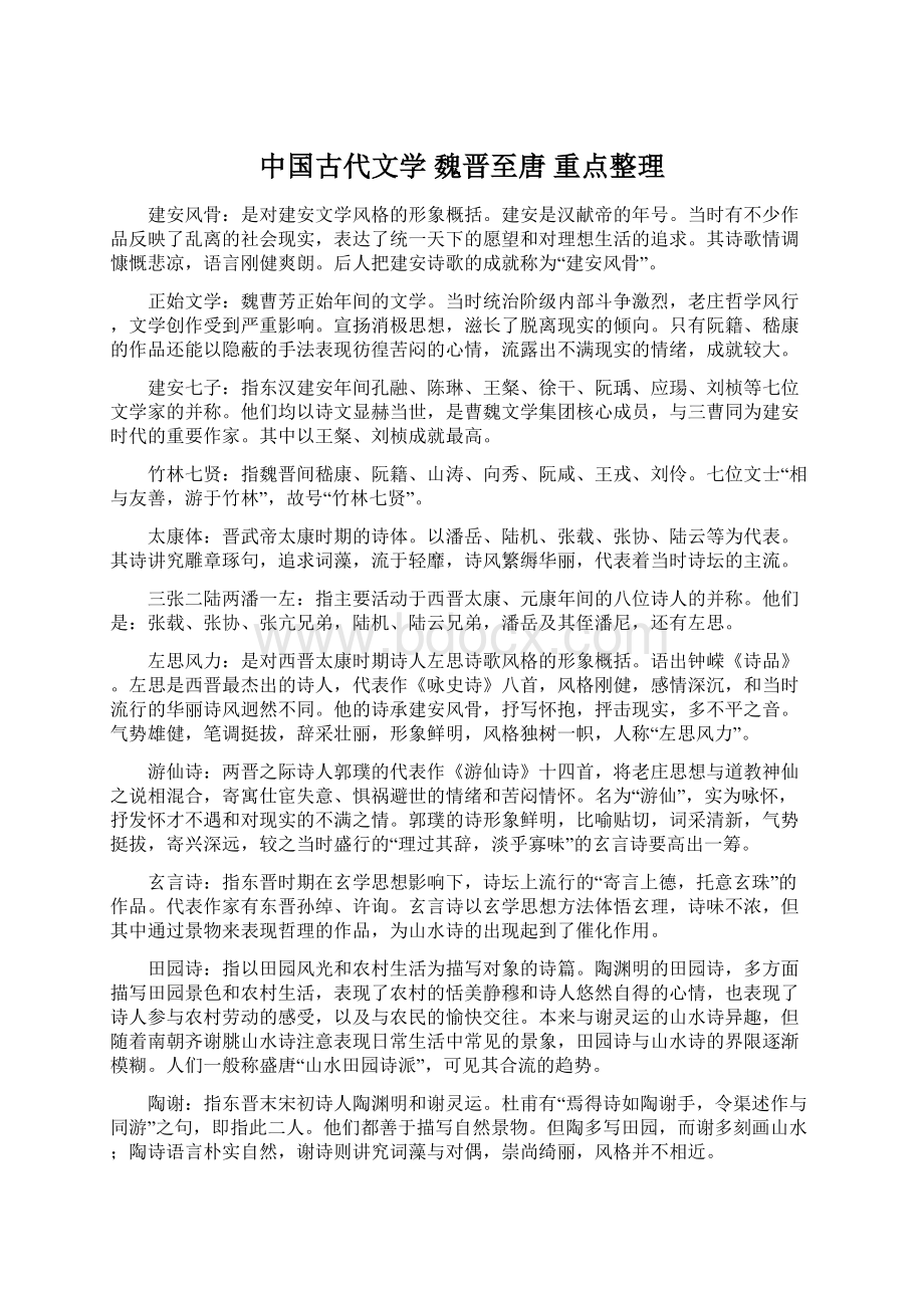 中国古代文学 魏晋至唐 重点整理Word格式.docx