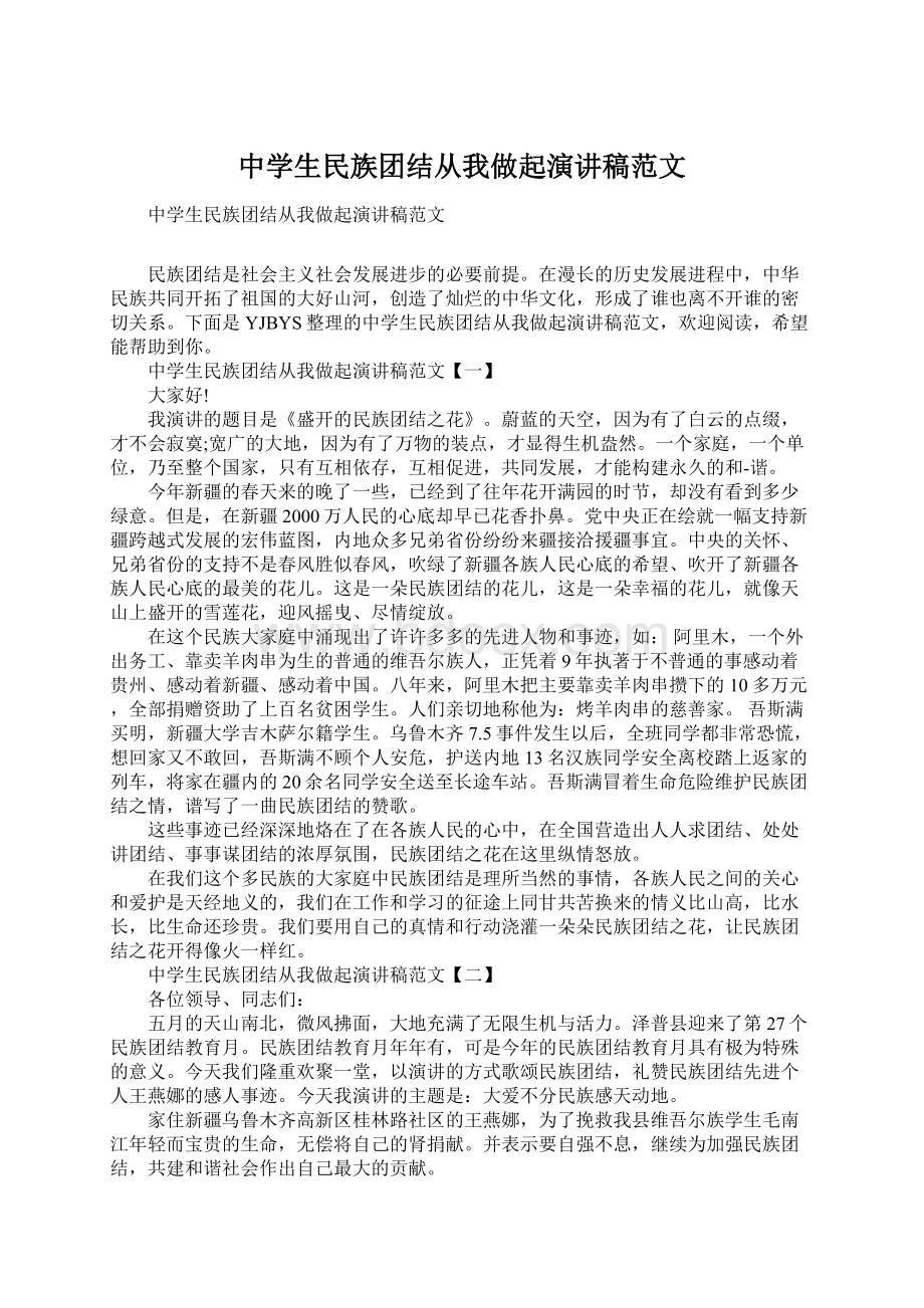 中学生民族团结从我做起演讲稿范文Word文件下载.docx_第1页