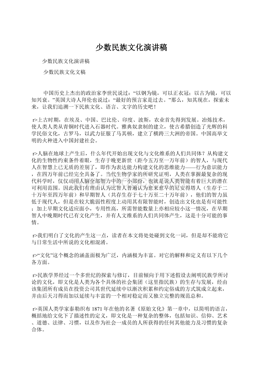 少数民族文化演讲稿Word格式文档下载.docx