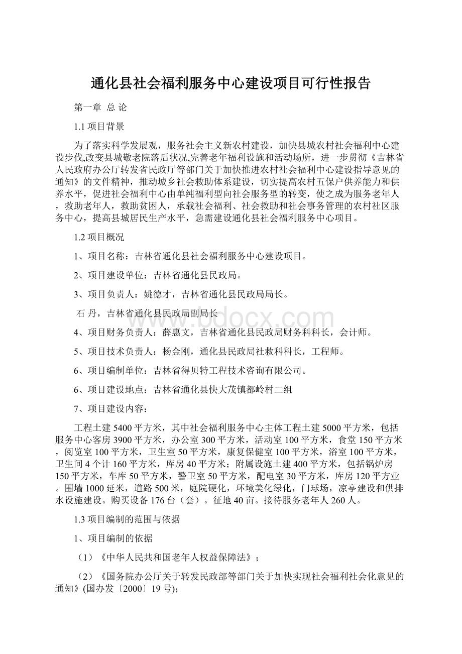 通化县社会福利服务中心建设项目可行性报告Word文件下载.docx_第1页