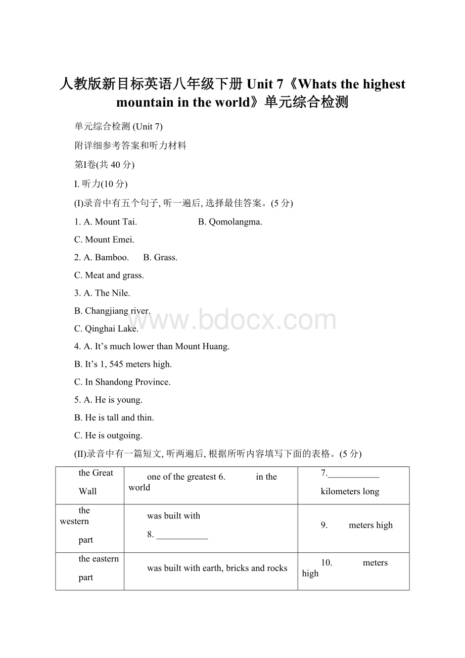 人教版新目标英语八年级下册Unit 7《Whats the highest mountain in the world》单元综合检测.docx