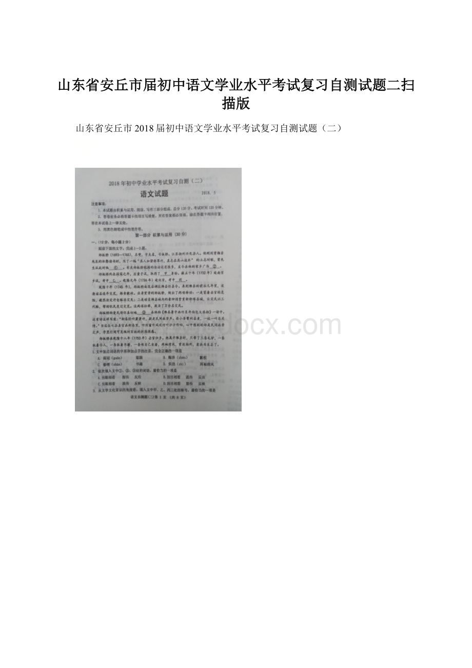 山东省安丘市届初中语文学业水平考试复习自测试题二扫描版Word文件下载.docx_第1页