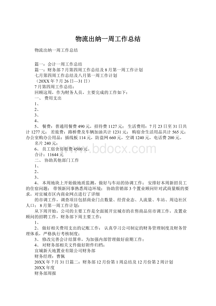 物流出纳一周工作总结Word格式文档下载.docx