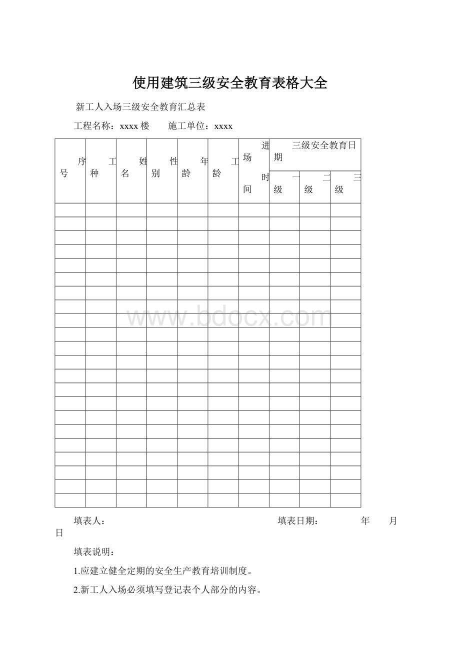 使用建筑三级安全教育表格大全.docx