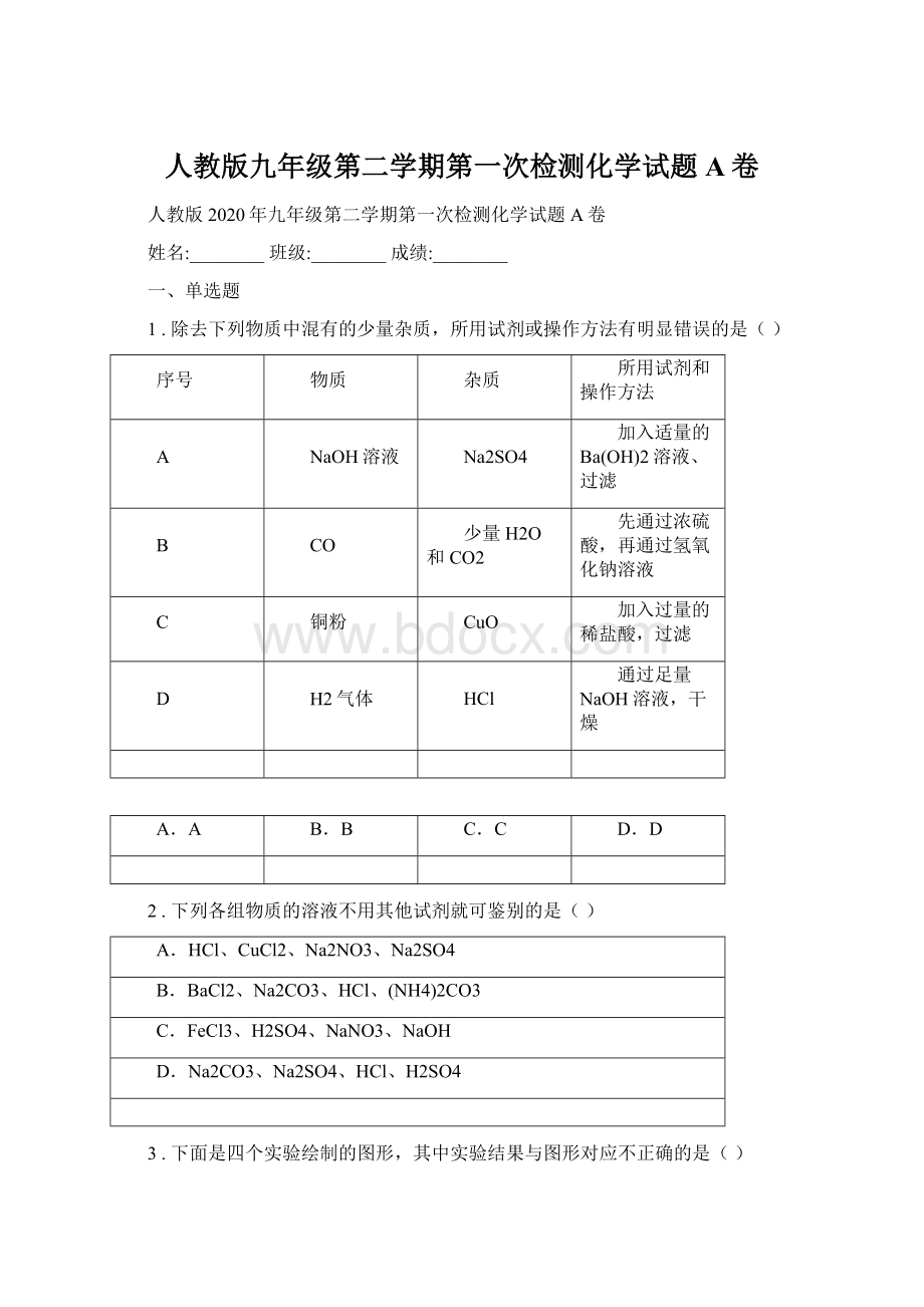 人教版九年级第二学期第一次检测化学试题A卷.docx