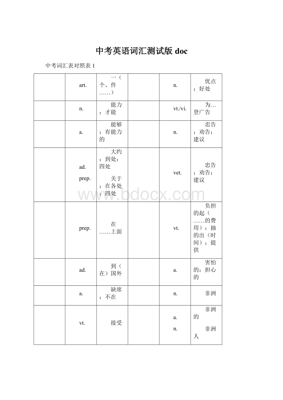 中考英语词汇测试版docWord文档下载推荐.docx