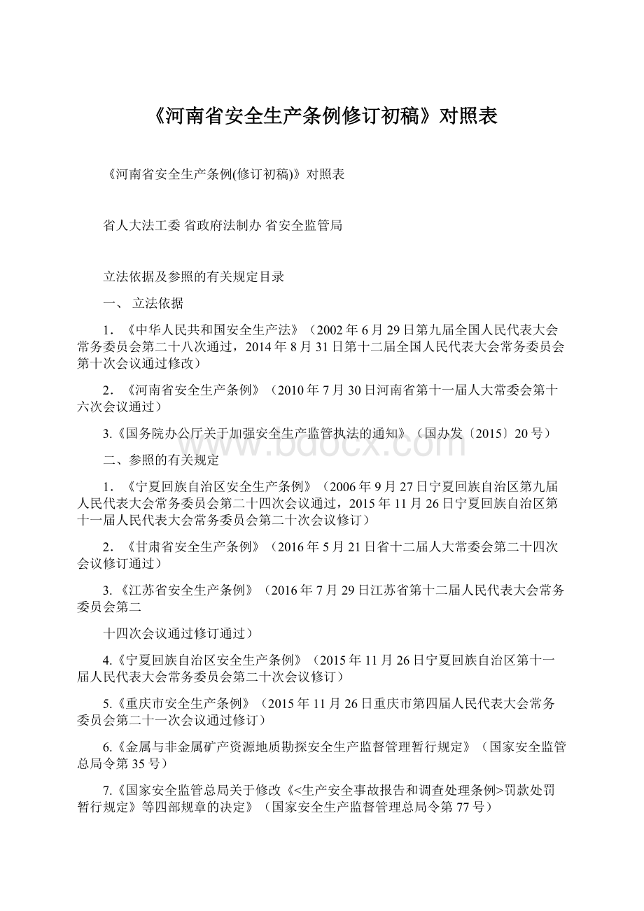 《河南省安全生产条例修订初稿》对照表Word文档下载推荐.docx_第1页