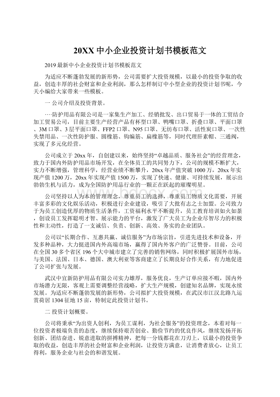 20XX中小企业投资计划书模板范文.docx